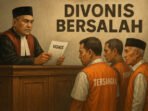 Ilustrasi sidang kasus politik uang di pengadilan, menampilkan tiga terdakwa berdiri di depan majelis hakim dengan ekspresi tertunduk, suasana ruang sidang formal dan tegang.