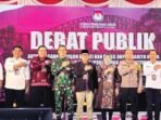 DPRD BATARA HADIRI DEBAT: Ketua DPRD Barito Utara, Hj Mery Rukaini (tengah) bersama Forkompimda menghadiri debat publik, di Gedung Balai Antang, Jumat (22/7).