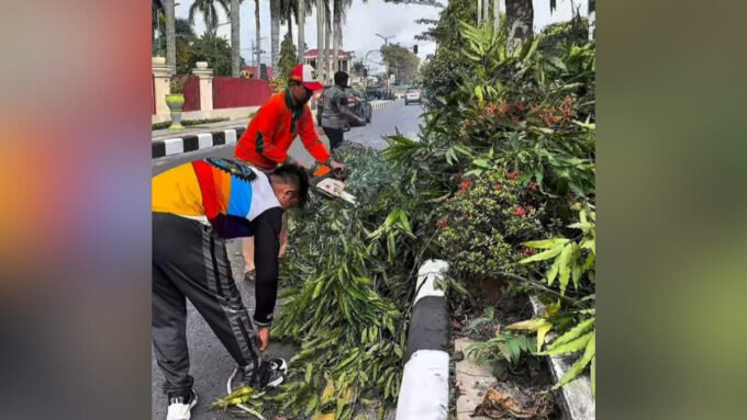 KOTIM PANGKAS DAHAN : Petugas dari Dishub Kotim saat melakukan pemangkasan dahan yang ada di jalan protokol belum lama ini.