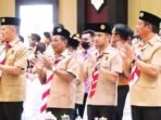 PALANGKA RAYA DIKUKUHKAN: Wali Kota Palangka Raya, Fairid Naparin mengikuti prosesi pelantikan pengurus jajaran Majelis Pimpinan Daerah Kwartir Daerah Gerakan Pramuka Kalimantan Tengah, Kamis (21/8).