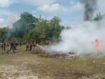KOTIM SIMULASI: Tim gabungan saat melakukan pemadaman kebakaran lahan dalam simulasi yang dilaksanakan, Rabu (6/8).