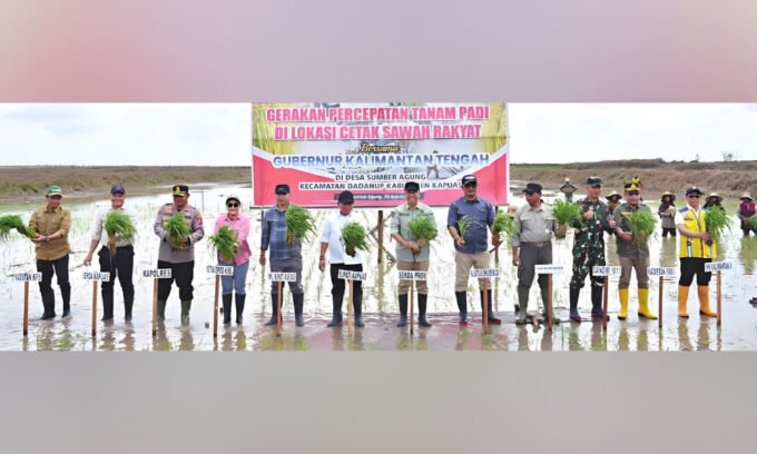 DPRD KAPUAS TANAM PADI: Ketua Komisi I DPRD Kapuas Sera Sintanola (empat dari kiri) turut melakukan penanaman padi tanam padi bersama oleh Bupati Kapuas H Muhammad Wiyatno di lokasi CSR, Desa Sumber Agung, Sabtu (30/8).