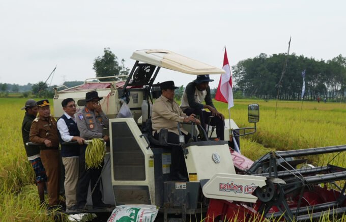 Wakil Gubernur Kalteng H. Edy Pratowo bersama jajaran, unsur forkopimda dan petani menaiki mesin panen saat kegiatan Panen Perdana Padi di Desa Tahai Jaya, Kecamatan Maliku, Kabupaten Pulang Pisau, Selasa (10/2).