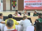 Barsel Asisten II Setda Barsel Yoga Prasetyanto Utomo bersama Kapolres Barsel AKBP Jecson R. Hutapea menghadiri menghadiri rapat koordinasi lintas sektoral Operasi Ketupat Telabang 2026 di Aula Tantya Sudhirajati Polres Barsel.