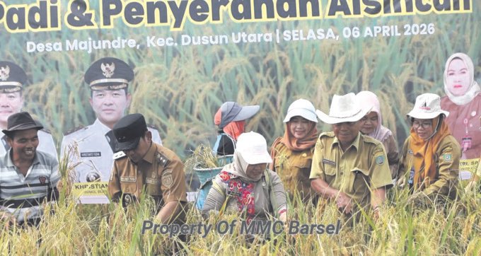 Wakil Bupati Barsel, Kristianto Yudha mengikuti panen bersama sekaligus menyerahkan Alsintan di Kecamatan Dusun Utara.