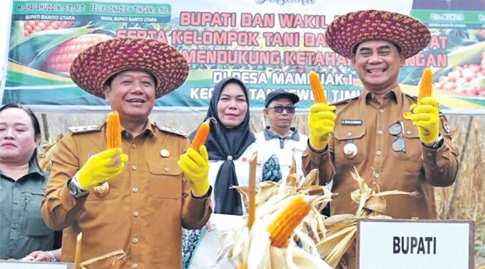 Bupati Barito Utara, H Shalahuddin ST MT, didampingi Wakil Bupati Felix Sonadie Y Tingan AMd menghadiri, acara panen bersama jagung hibrida yang dikelola oleh kelompok tani di Desa Mampuak I, Kecamatan Teweh Timur, Selasa (20/10).